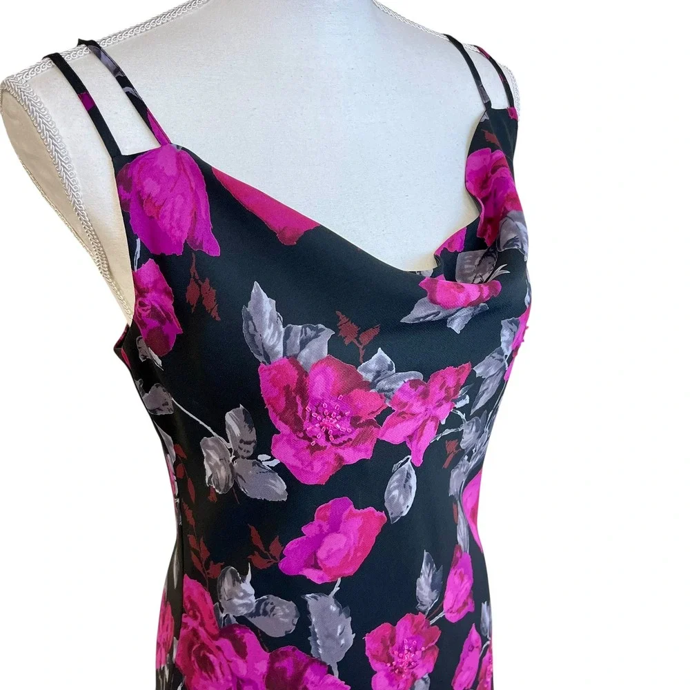 NEW YORK COMPANY Y2K 90s Black‎ Floral Midi Slip Dress Cowl 6 Beaded Phoebe